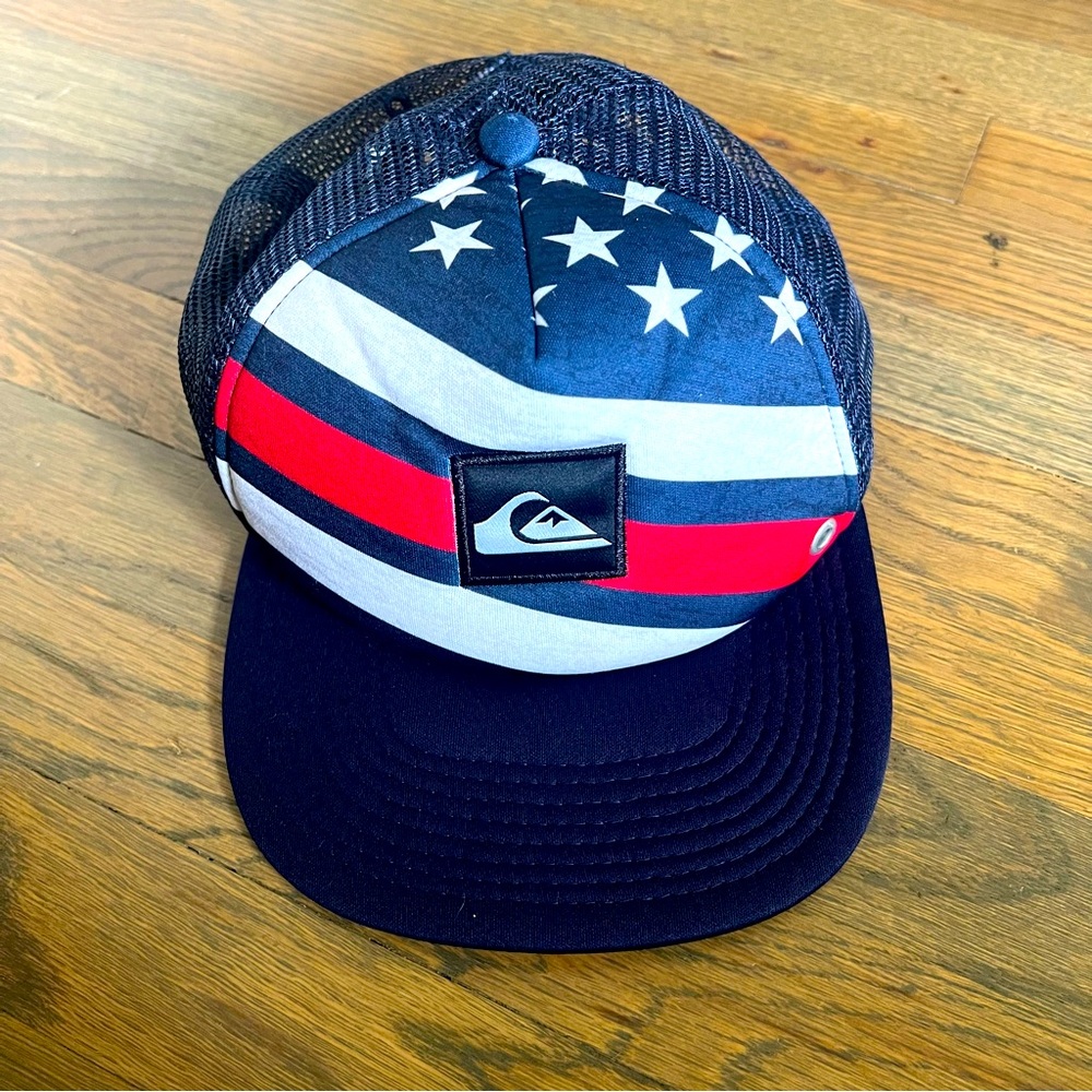 Quicksilver red white and blue snapback hat